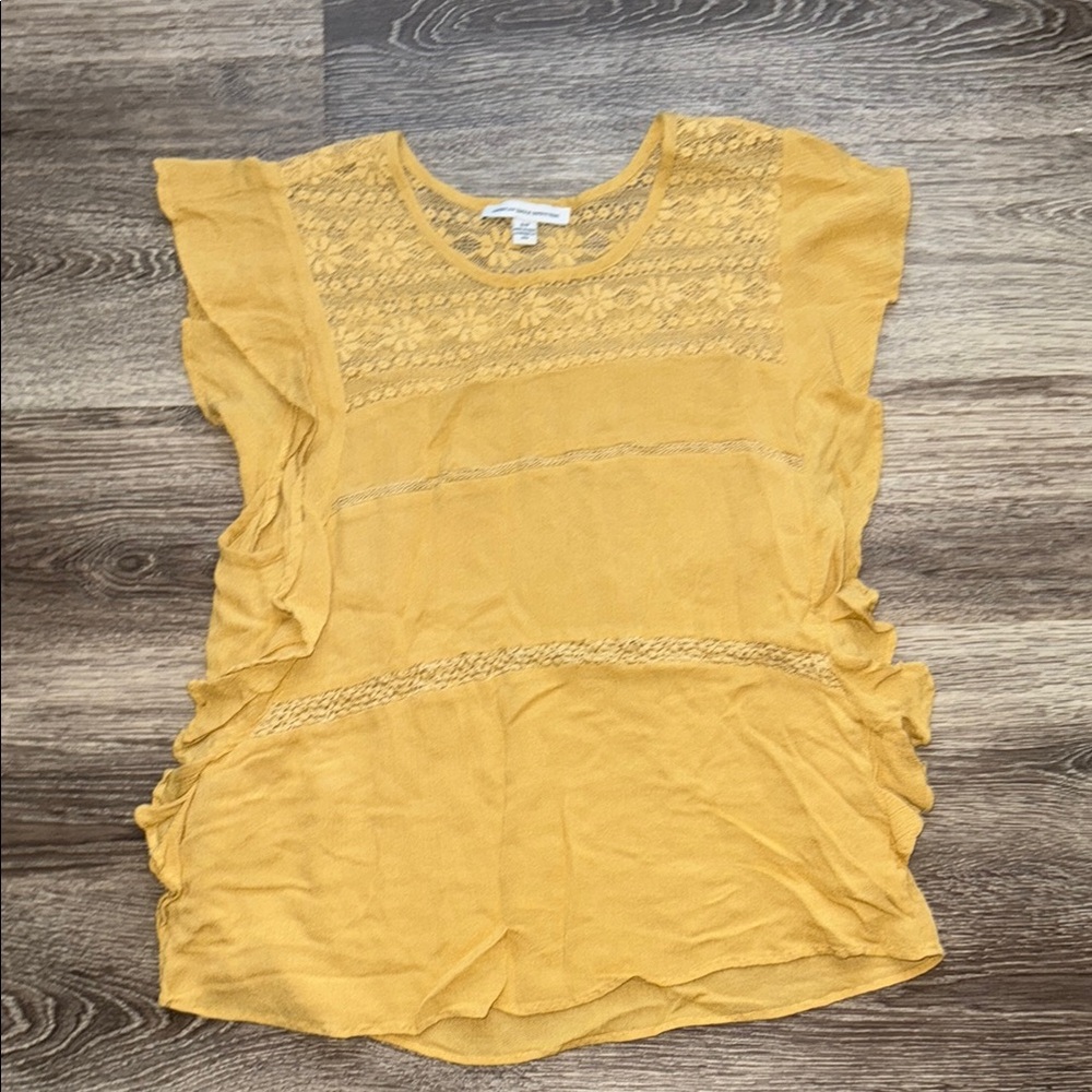 American Eagle Gold Color Lace Ruffle Gauzey Top Size Small